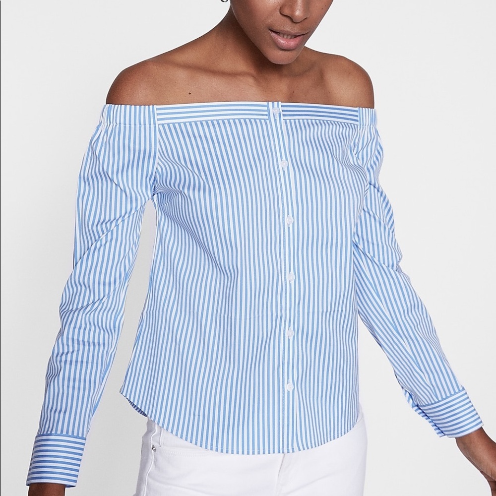 Striped Off the Shoulder Button Blouse